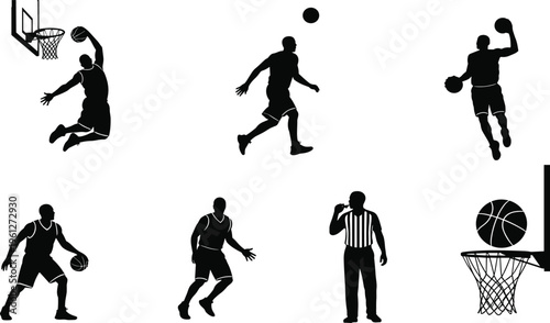 Basketball Player Silhouette Set Featuring Dunking, Dribbling, Shooting, and Referee Figures with Hoop and Ball Elements in Minimal Vector Sports Design Style.