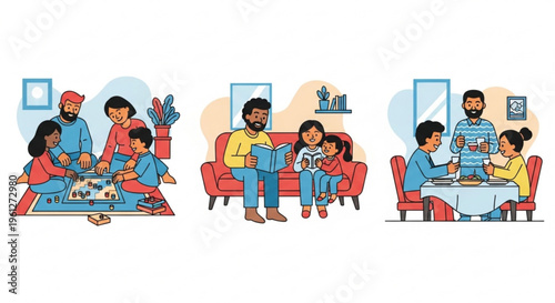 Family bonding over meals and reading in cozy living room with red furniture