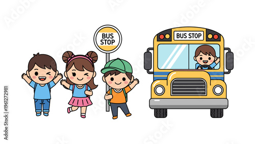 children waiting at bus stop with school bus flat design vector illustration