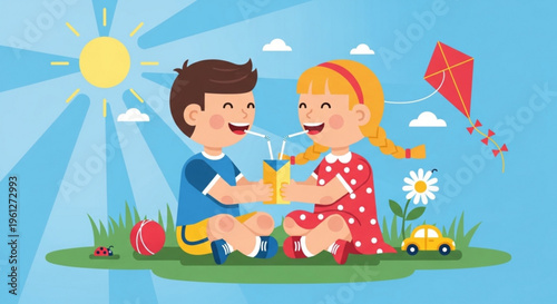 Two happy children sharing drinks on a sunny green lawn with kite and toys