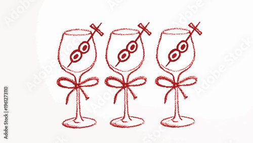 A simple red line drawing illustration of three martini glasses garnished with olives and bows