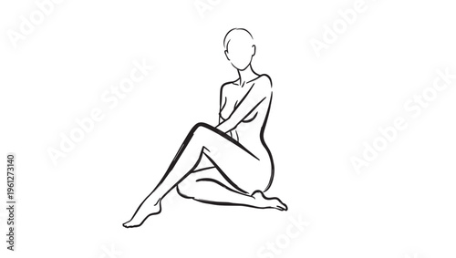 A minimal black and white line art illustration of a woman sitting in a graceful resting pose
