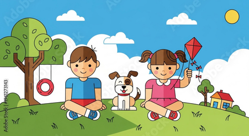 Two happy children and dog playing outside on sunny green hill with kite and swing set
