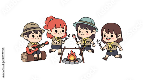 group of children camping and roasting marshmallows at campfire flat design vector illustration
