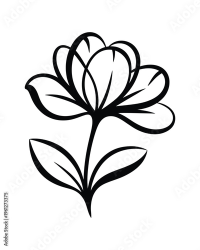 Bold Stylized Flower with Thick Outline and Leaves Black and White Coloring Illustration