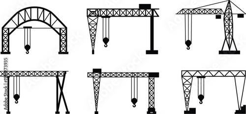 Industrial cranes silhouettes, gantry crane, tower crane, bridge crane, heavy lifting equipment, construction machinery, engineering tools, industrial design, building siteIndustrial cranes   