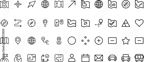 A comprehensive collection of black and white line art vector icons for navigation and travel apps