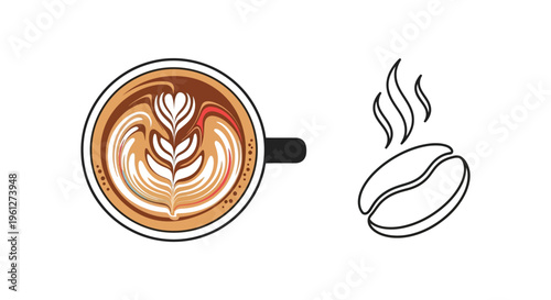 Latte art in a cup with a coffee bean black silhouette