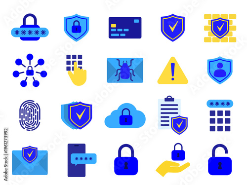 Collection of blue and yellow security icons displayed in a grid. Vector illustration