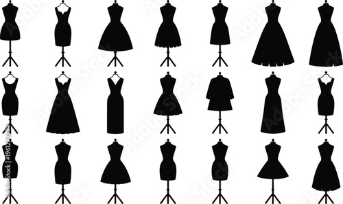 Fashion dress silhouettes, mannequin display, clothing design, garment styles, neckline variation, sleeve length, skirt shapes, apparel illustration, fashion collection showcase