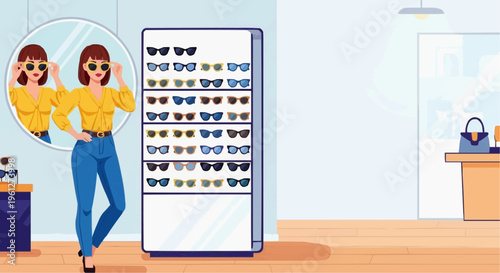 Woman trying sunglasses and posing in accessories shop 