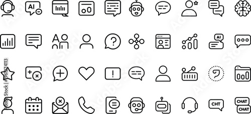 A comprehensive collection of black outline icons for user interface and communication services