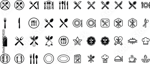 A comprehensive collection of black and white vector icons for restaurant and dining applications