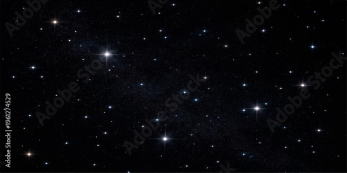 A starry night sky background features a dark blue universe with a glowing galaxy nebula and outer space starfield design for a cosmic illustration