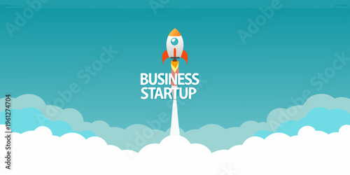 A rocket launching through clouds with the words business startup