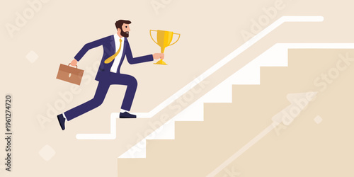 A businessman triumphantly climbs stairs while holding a golden trophy