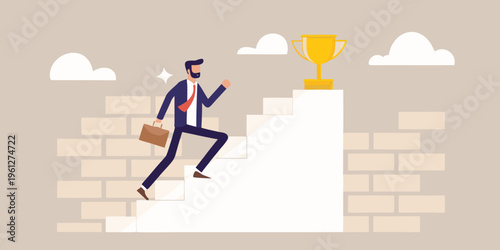 A businessman climbs stairs toward a golden trophy in the clouds