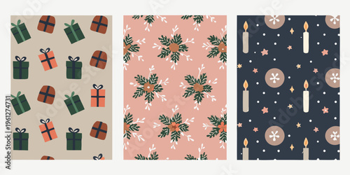 Three festive seamless patterns with gifts florals and candles