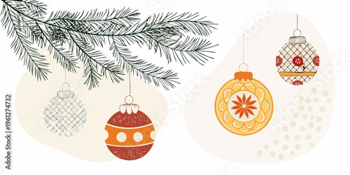 Festive christmas ornaments and pine branch illustration in soft colors