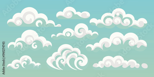 Stylized white clouds against a light blue and green gradient background