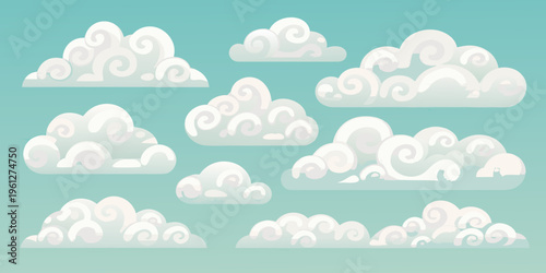 Collection of stylized fluffy white clouds against a teal background