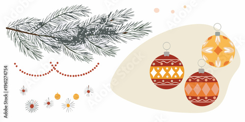 Festive christmas decorations including ornaments pine branch and floral elements
