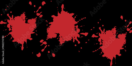 Red blood splatters and paint drips on black background, abstract messy crimson ink spots for horror and crime concept