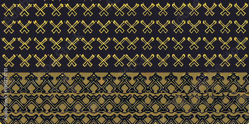 Intricate golden cross patterns repeat across a dark background