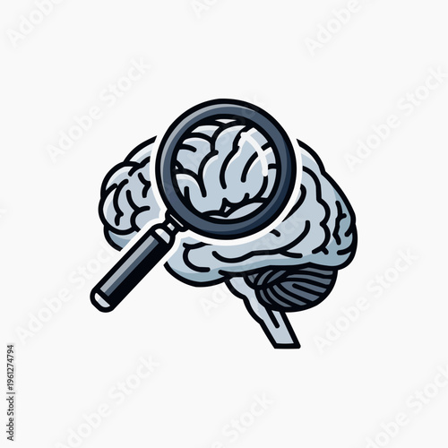 Human brain with a magnifying glass, symbolizing analysis, research, and scientific exploration.