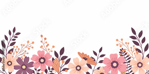 Floral arrangement with pink orange and purple blooms on white