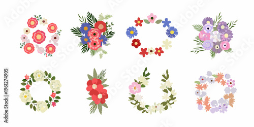 Collection of colorful floral wreaths and bouquets in a flat design