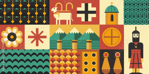 A colorful grid of stylized icons representing various cultural motifs