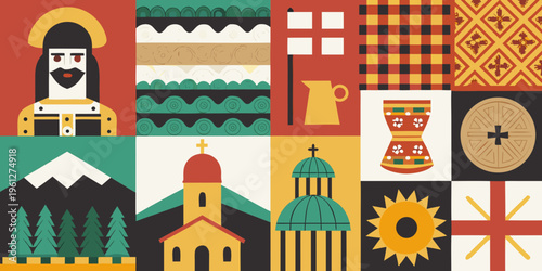 A colorful geometric collage representing eastern european cultural elements