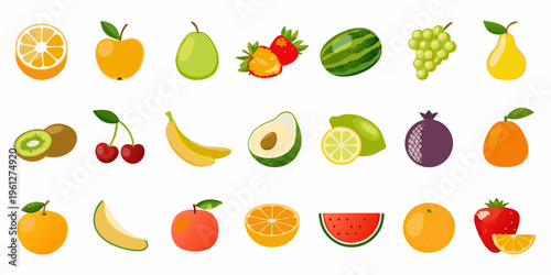 Assorted colorful fruits arranged in a flat vector illustration style