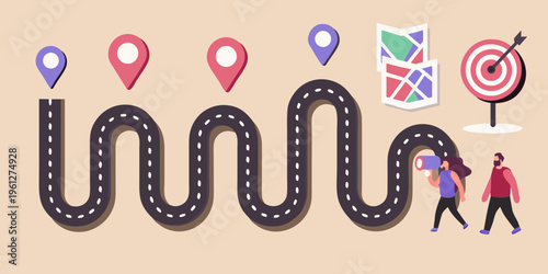 A winding road leads two people towards a target with map elements