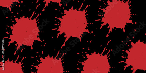 Red blood splatters and paint drips on black background, abstract messy crimson ink spots for horror and crime concept
