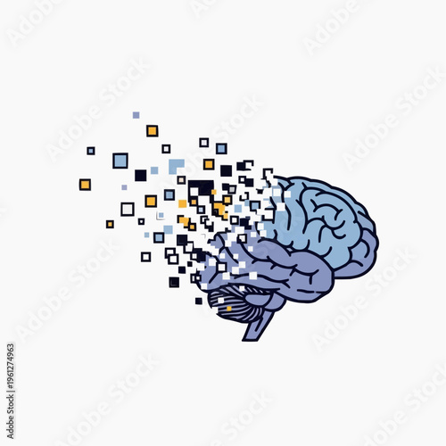 Conceptual illustration of a human brain fragmenting into pixels, symbolizing memory loss, digital data, or mental decay.