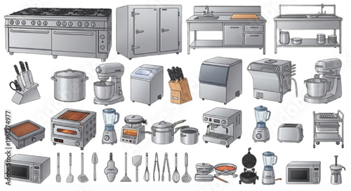Commercial Kitchen Equipment, Restaurant Appliances, Stainless Steel, Catering Tools, Cooking Equipment Vector Set for Modern Food Service and Industrial Culinary Workspace