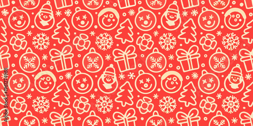 Festive red background featuring various holiday icons in a repeating pattern