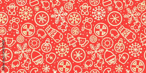 Festive red background filled with whimsical holiday themed line art
