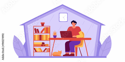 Man working remotely from home surrounded by books and plants