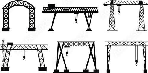 Industrial gantry cranes, heavy lifting equipment, construction machinery, engineering silhouettes, cargo handling, port operations, structural design, mechanical hoisting systems, industrial