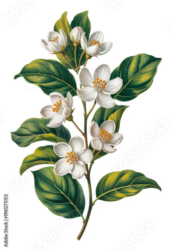 White flowers with green leaves on a stem plant nature isolated on a transparent background