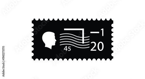 Black postage stamp featuring a profile head and numerical markings silhouette