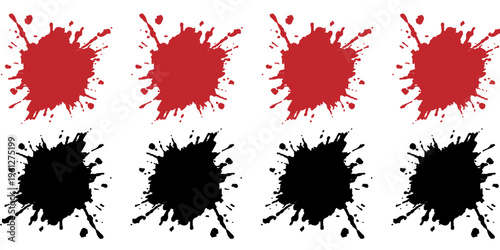 Set of eight red and black ink splatters, paint splashes and blood stain drops on white background, vector elements