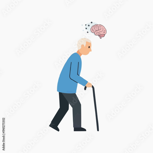 Elderly man with cane, experiencing cognitive decline and memory loss with brain illustration.
