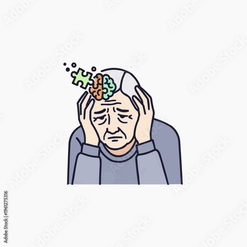 Elderly man holding head in distress with puzzle pieces and brain illustration.