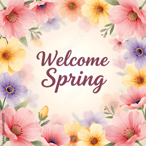 spring flowers frame on edges, center empty space, soft blur, pastel tones, banner composition