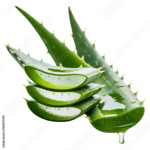 Aloe vera plant with sliced leaves green isolated on a transparent background