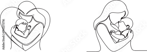 Illustration of a mother embracing her baby in two different heartwarming ways Art & Illustration